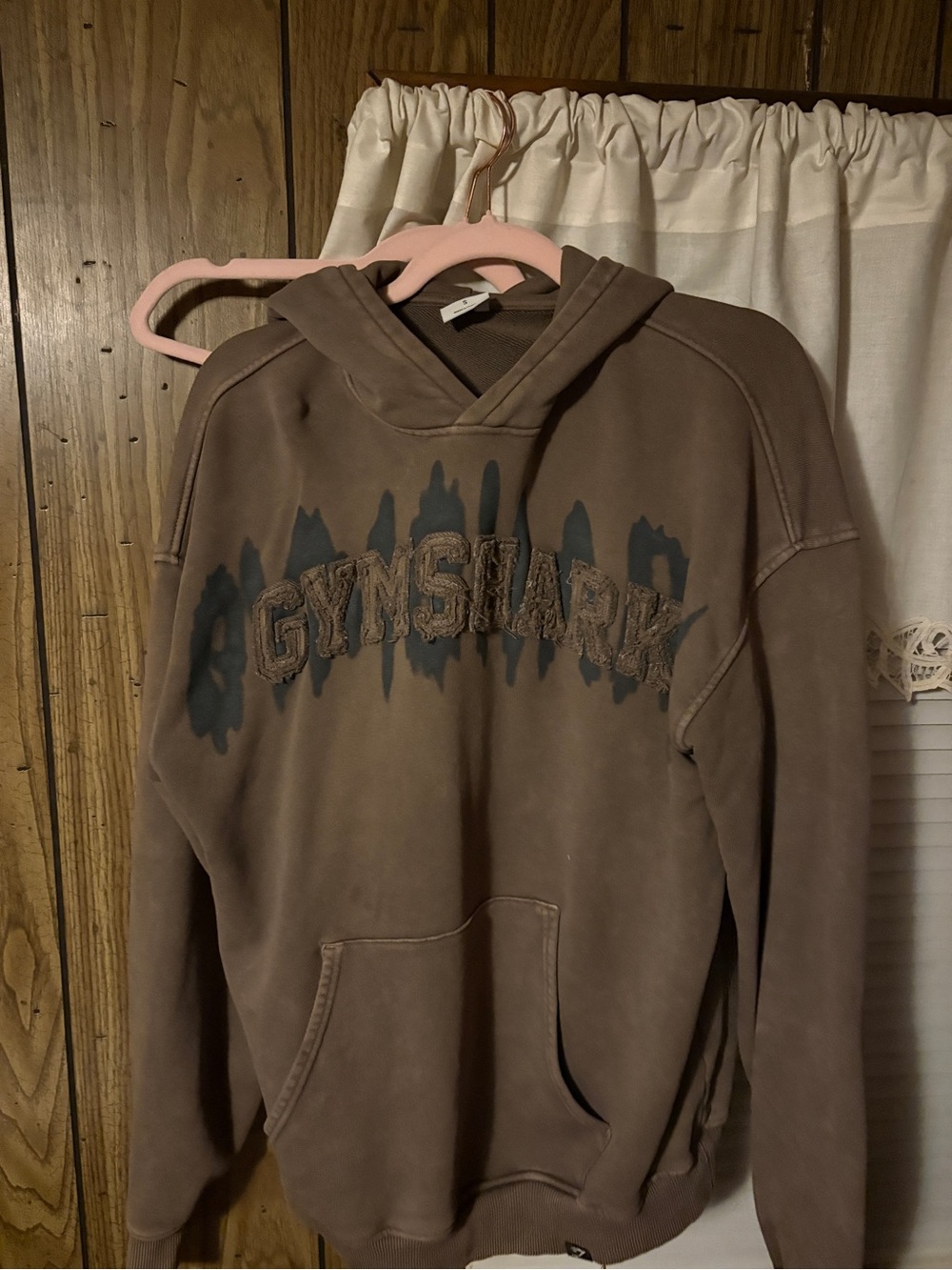 Gymshark Womens Brown Hooded Sweatshirt with Distressed Logo Size Small